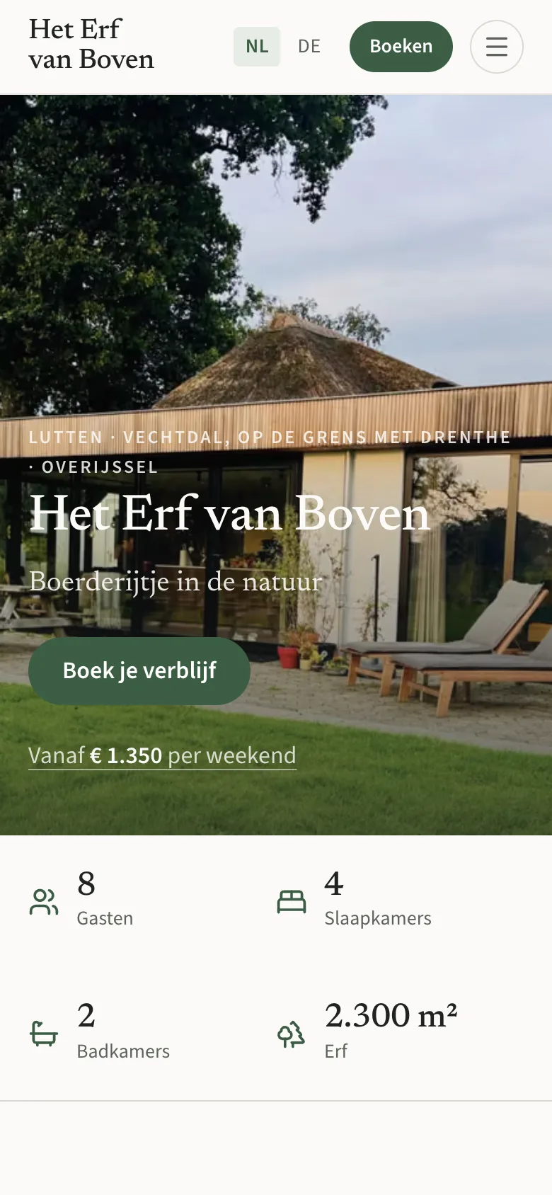 Voorbeeld: de pagina van Het Erf van Boven op een telefoon